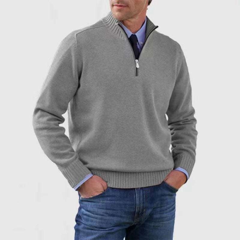 Men's Stand Collar Zipper Sweater Winter Fashion Solid Color Long Sleeve Knitted Top Clothing